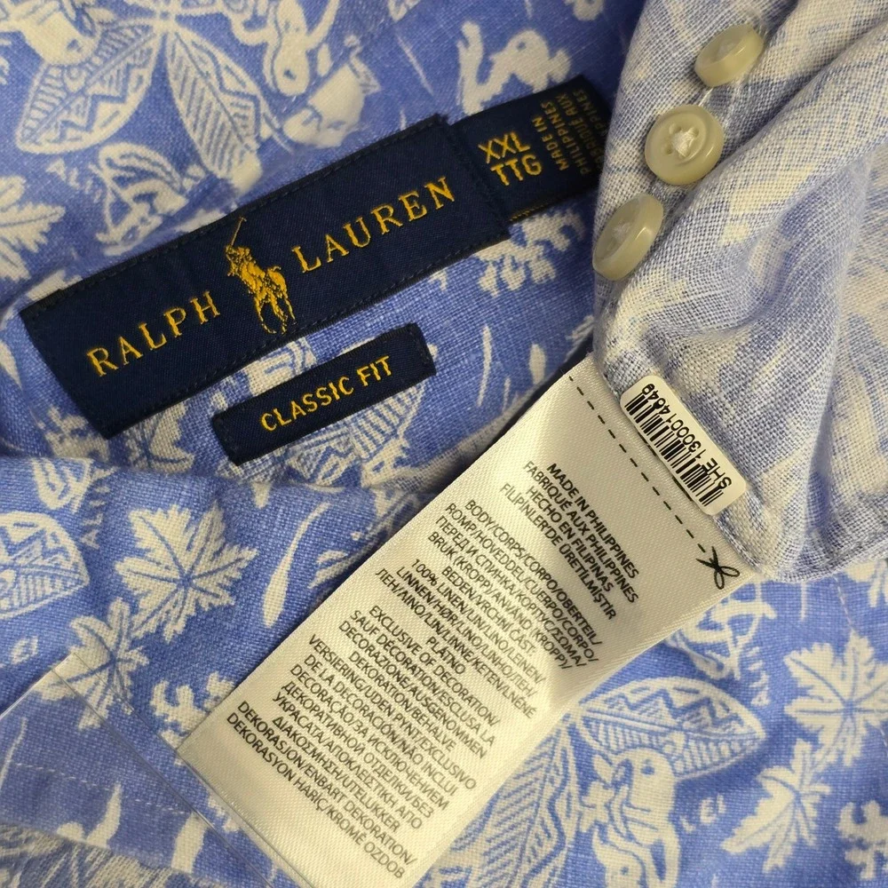 Ralph Lauren Button Down Shirt Mens XXL Blue White Linen Hawaiian Aloha Classic